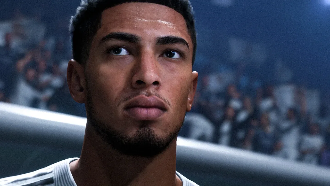 Close-up of Jude Bellingham wearing a Real Madrid kit in EA Sports FC 26.