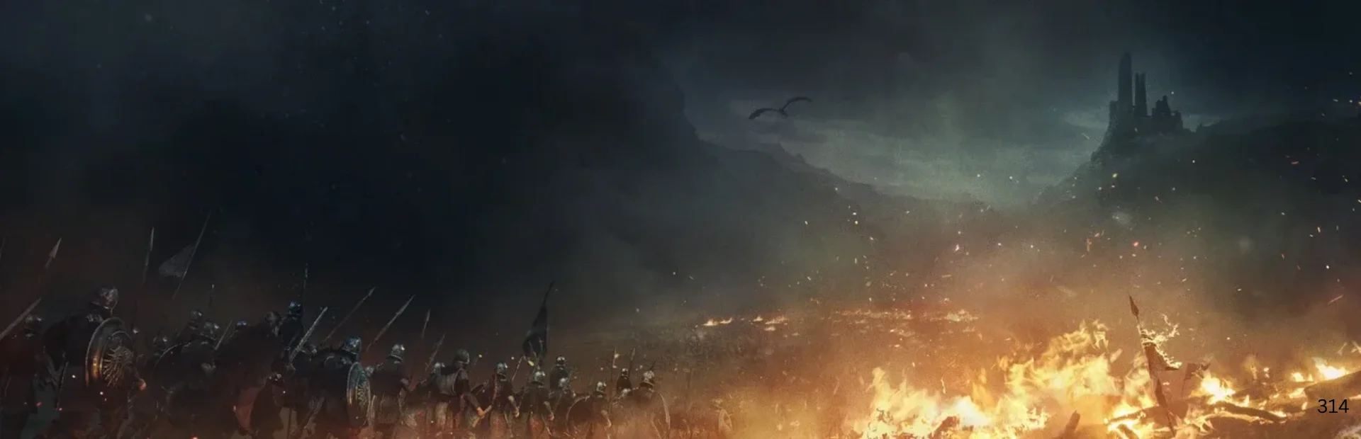 Armies gather near fire and smoke in dark Game of Thrones: War for Westeros artwork.