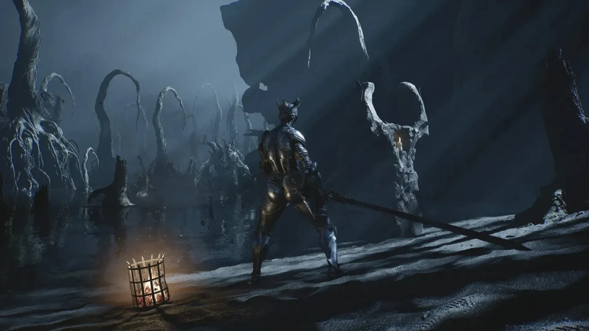 An armored knight stands with a sword by a lit brazier in a misty cavern of pale twisted roots in Mortal Shell 2.