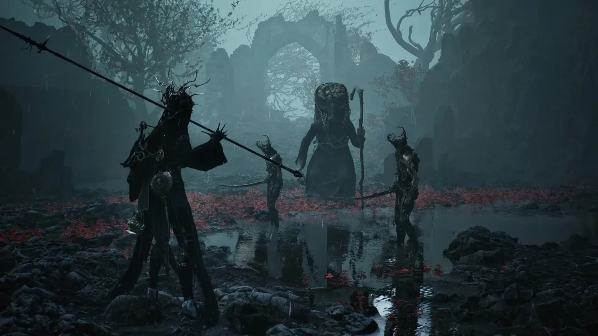 A cloaked warrior with a spear faces hooded enemies in a rainy, ruined swamp scattered with red petals in Mortal Shell 2.
