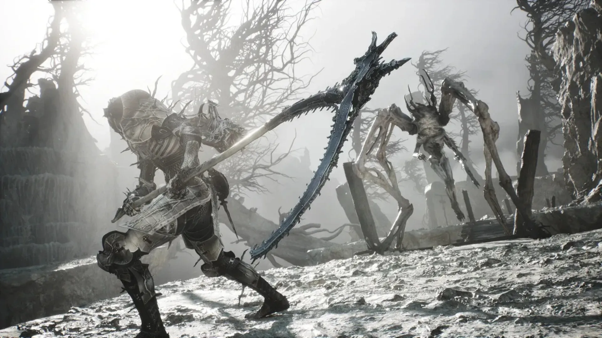 An armored warrior swings a large curved blade at a tall, spindly creature in a bright, misty wasteland in Mortal Shell 2.