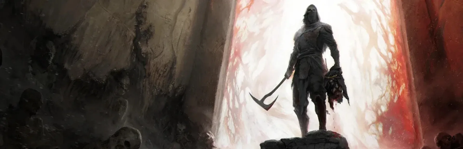 Key art of a cloaked warrior holding a sickle and a severed head at the mouth of a glowing red cavern in Mortal Shell 2.
