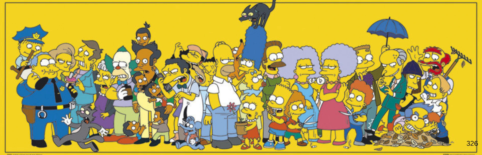 The Simpsons characters standing together against a bright yellow background