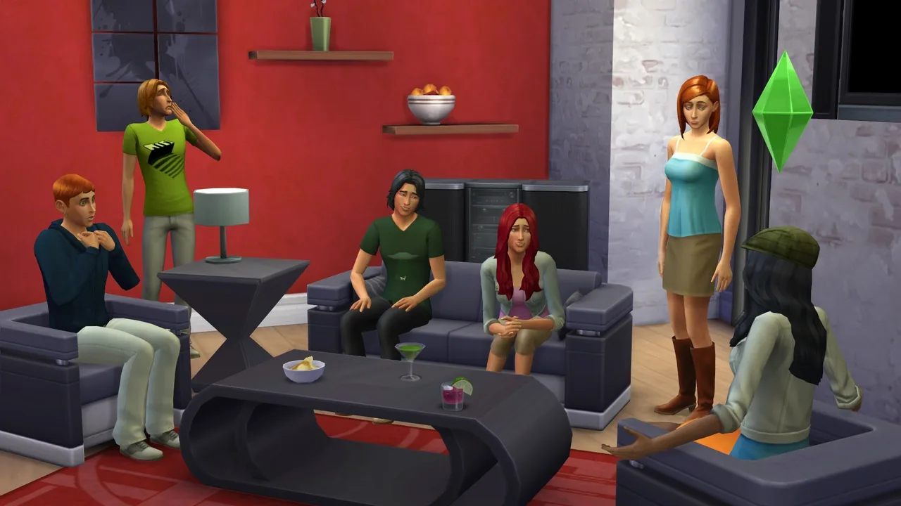 A group of Sims socializing in a modern living room in The Sims 4.