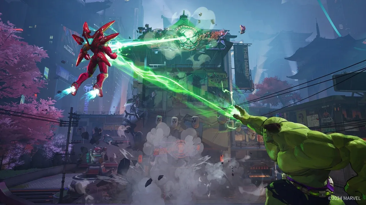 Hulk using an energy attack against Iron Man above a futuristic city in Marvel Rivals.