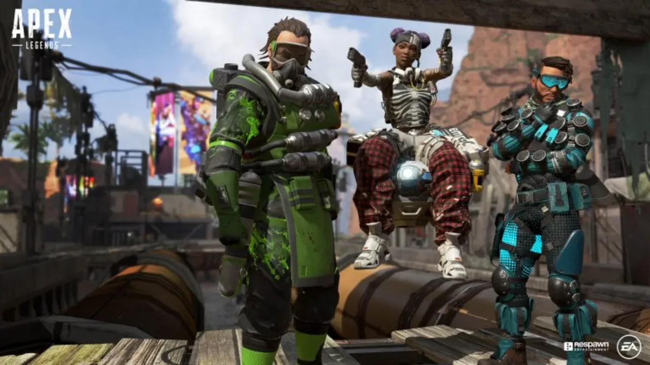 Caustic, Lifeline, and Mirage posing together on a battlefield in Apex Legends.