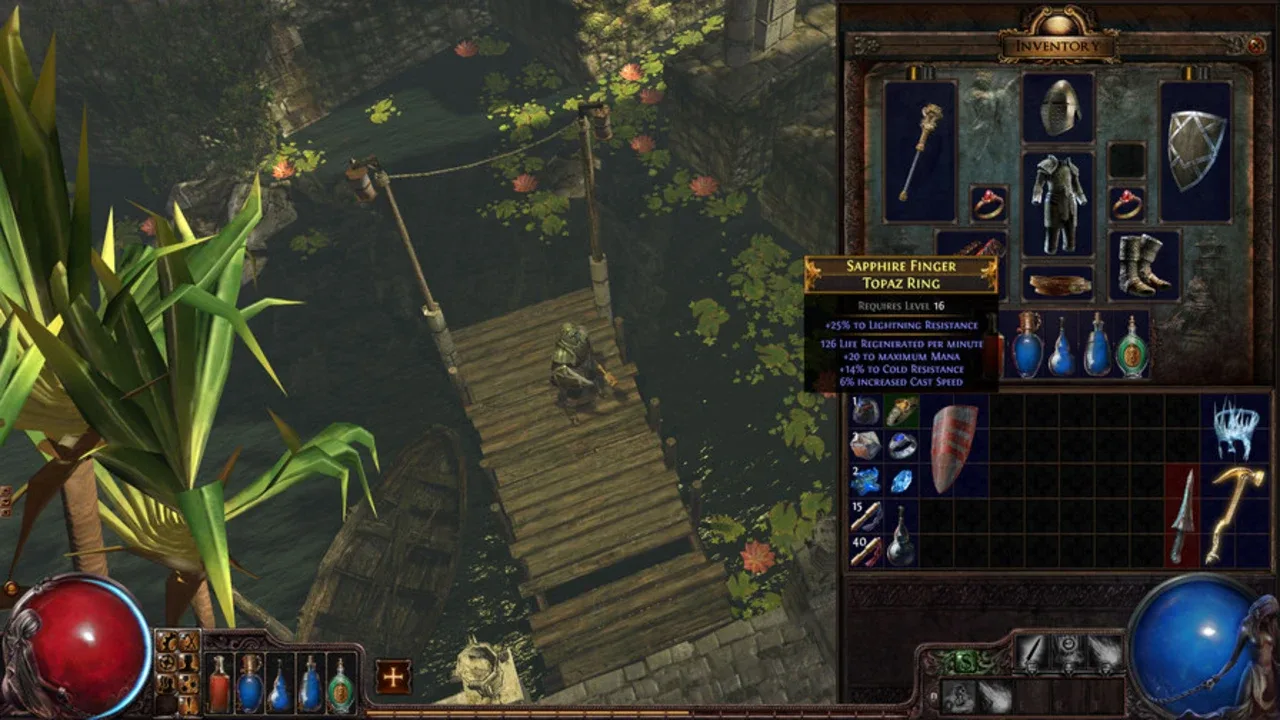 Path of Exile gameplay showing a character in a jungle area alongside the inventory menu.