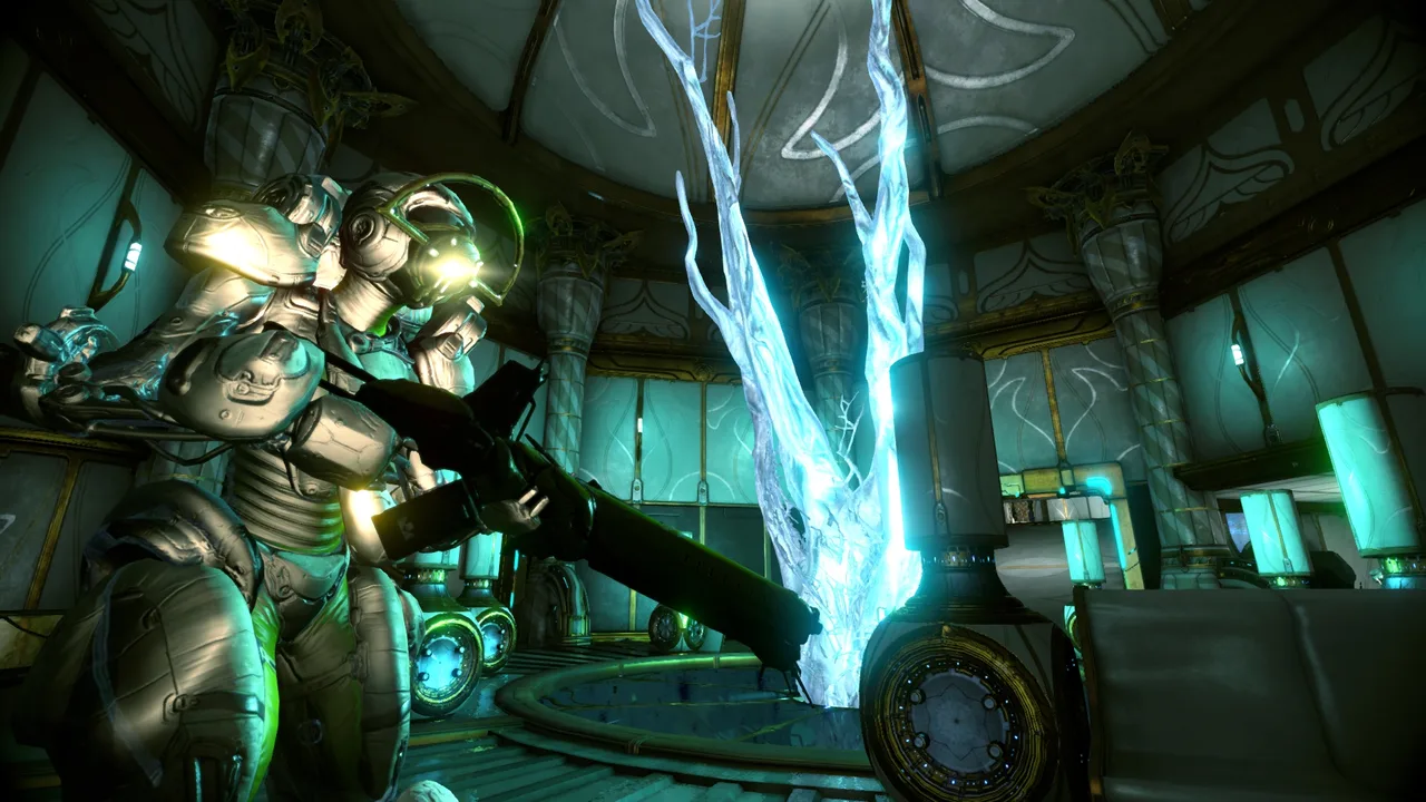 An armed Warframe standing beside a glowing energy structure inside a futuristic facility.