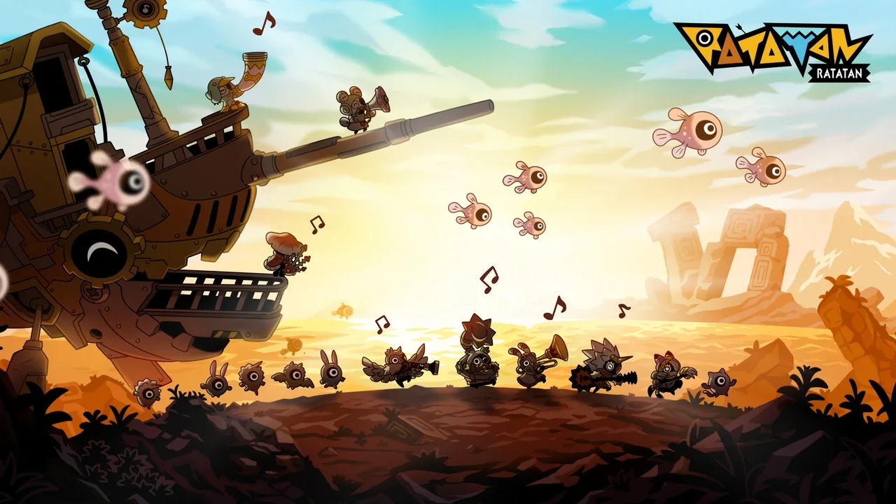 Ratatan characters march alongside a large wooden ship while playing musical instruments across a desert battlefield.