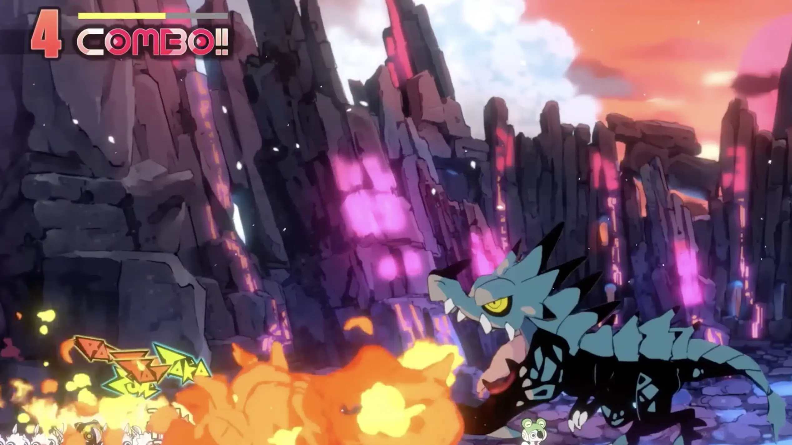 Ratatan characters battle a large blue dragon-like boss in a glowing rocky arena while maintaining a four-hit combo.