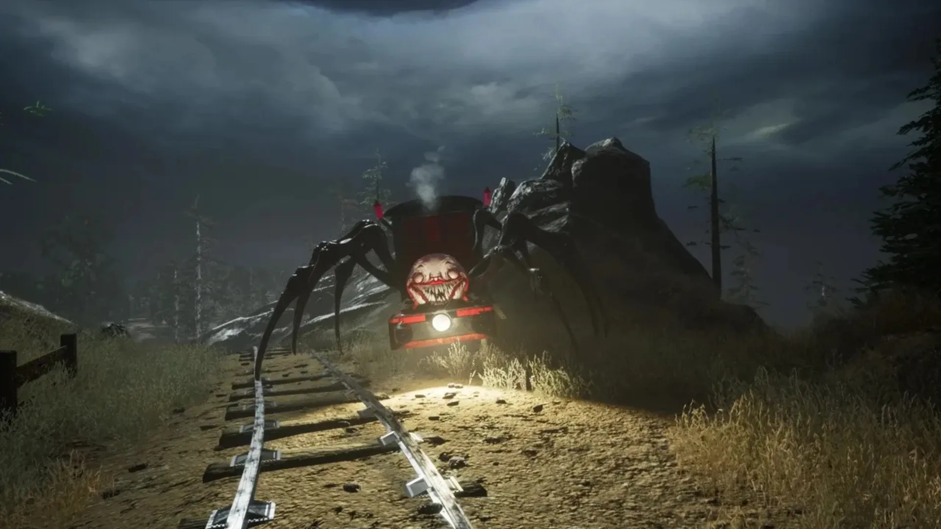 The grinning demonic spider-train Charles charges down a rundown track at night with glowing red eyes in Choo-Choo Charles.