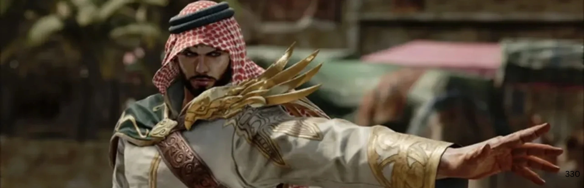Shaheen extending his arm in a Tekken 7 character scene