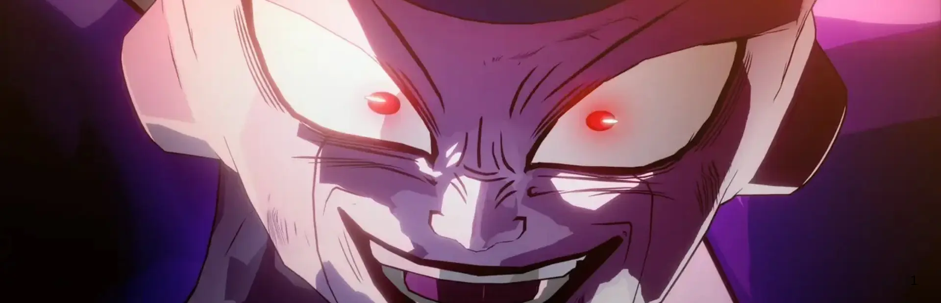 Close-up of Frieza smiling with glowing red eyes in Dragon Ball Z: Kakarot.