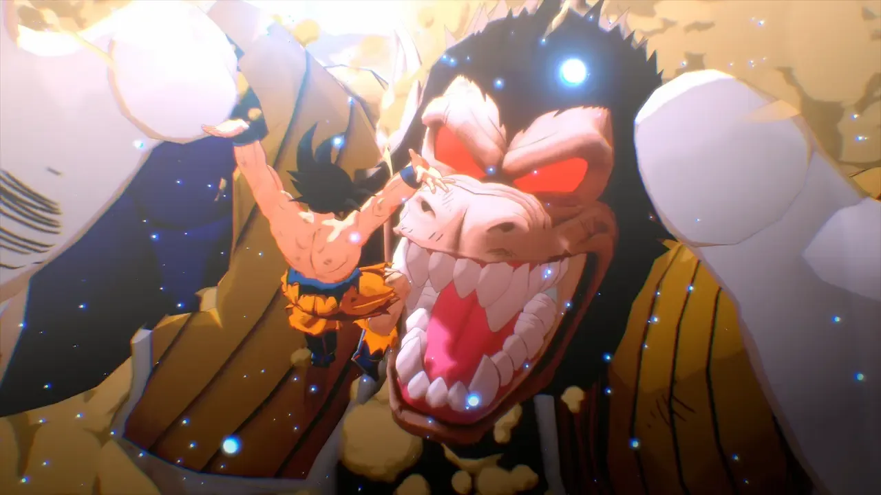 Goku faces Great Ape Vegeta during the Saiyan Saga in Dragon Ball Z: Kakarot.