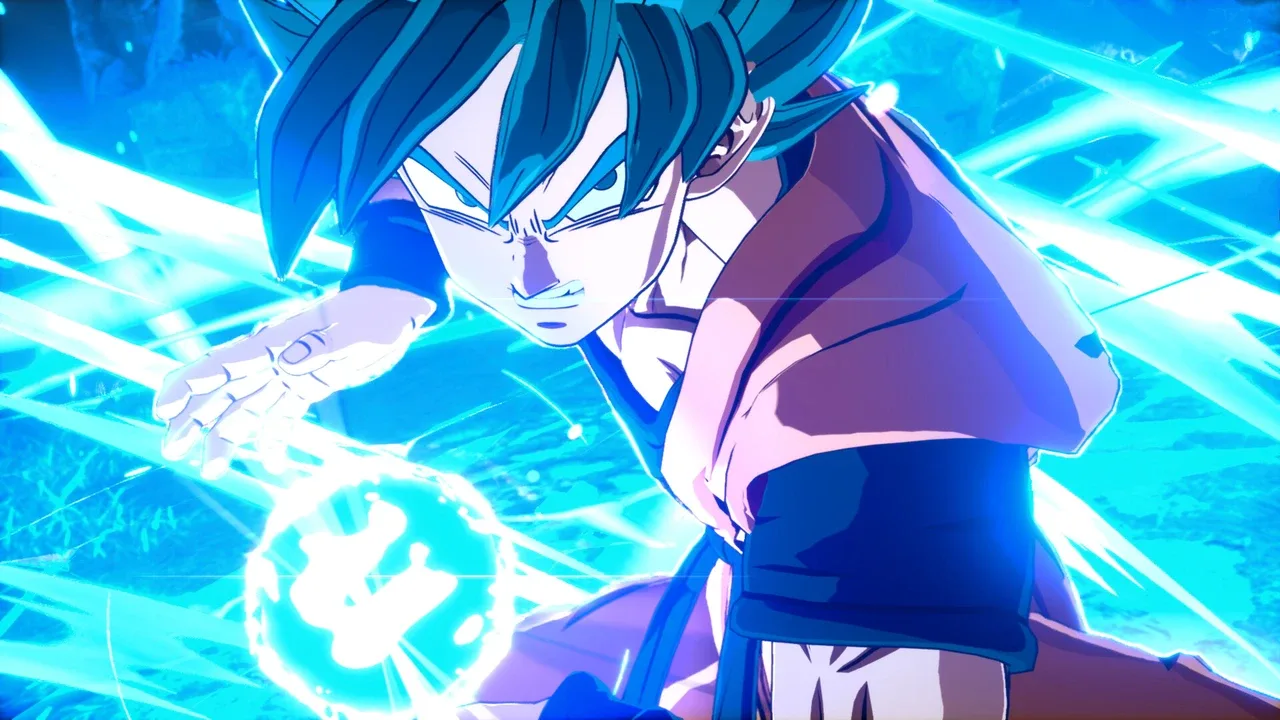 Goku charges a glowing blue energy attack in Dragon Ball: Sparking! Zero.