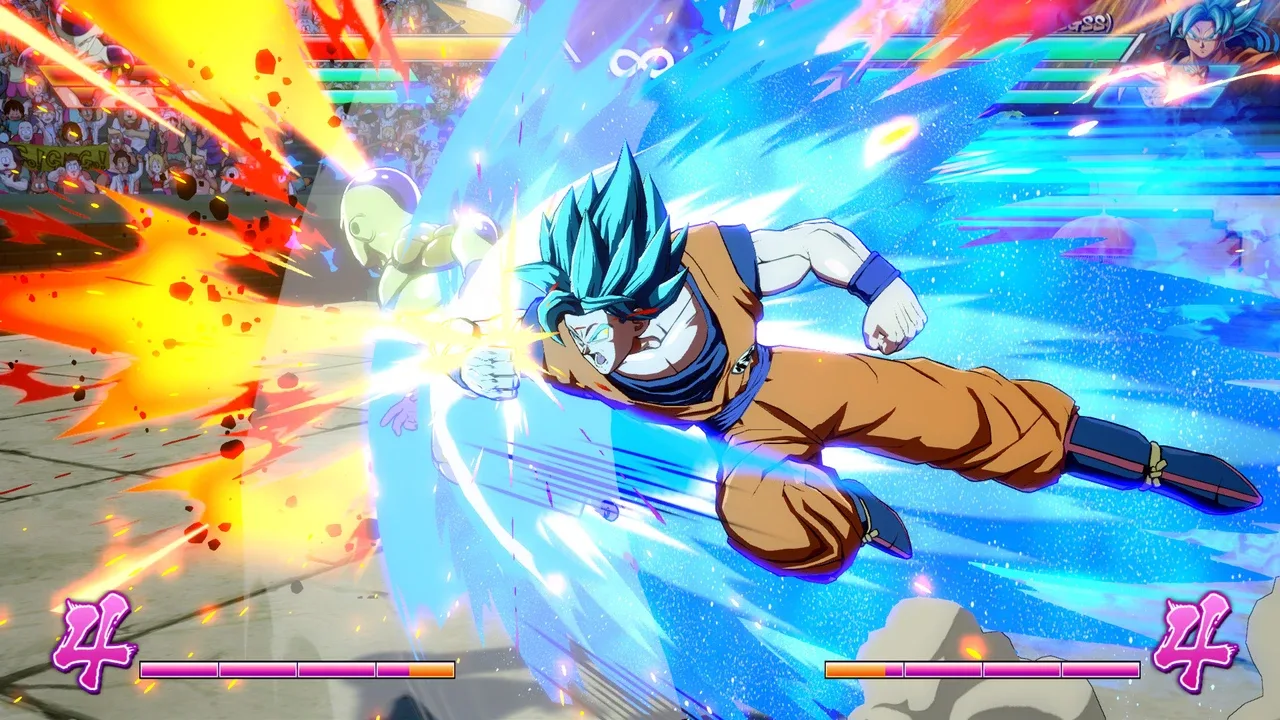 Super Saiyan Blue Goku strikes Frieza during a fight in Dragon Ball FighterZ.