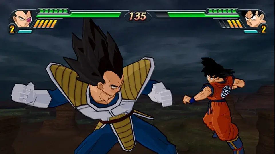 Vegeta and Goku face each other during a battle in Dragon Ball Z: Budokai Tenkaichi 3.