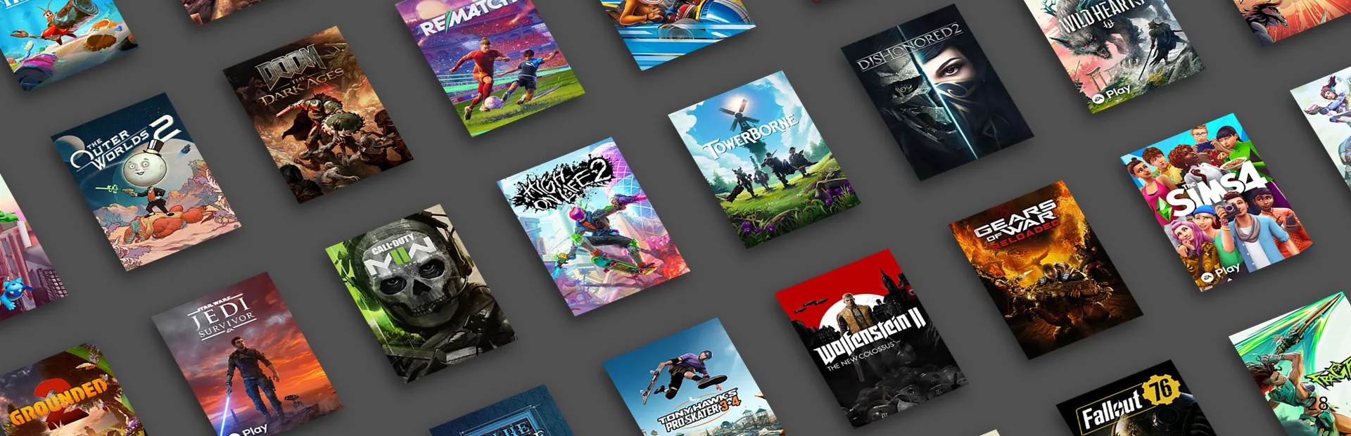 A tilted grid of Xbox Game Pass game covers including Call of Duty, Doom, Gears of War, and The Sims 4.