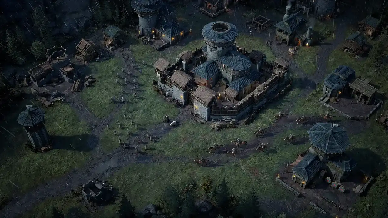 Soldiers and cavalry gather around a fortified base in Game of Thrones: War for Westeros.