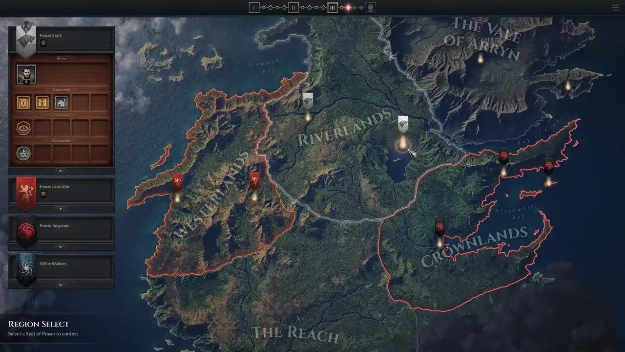 The region selection map displays the playable factions in Game of Thrones: War for Westeros.
