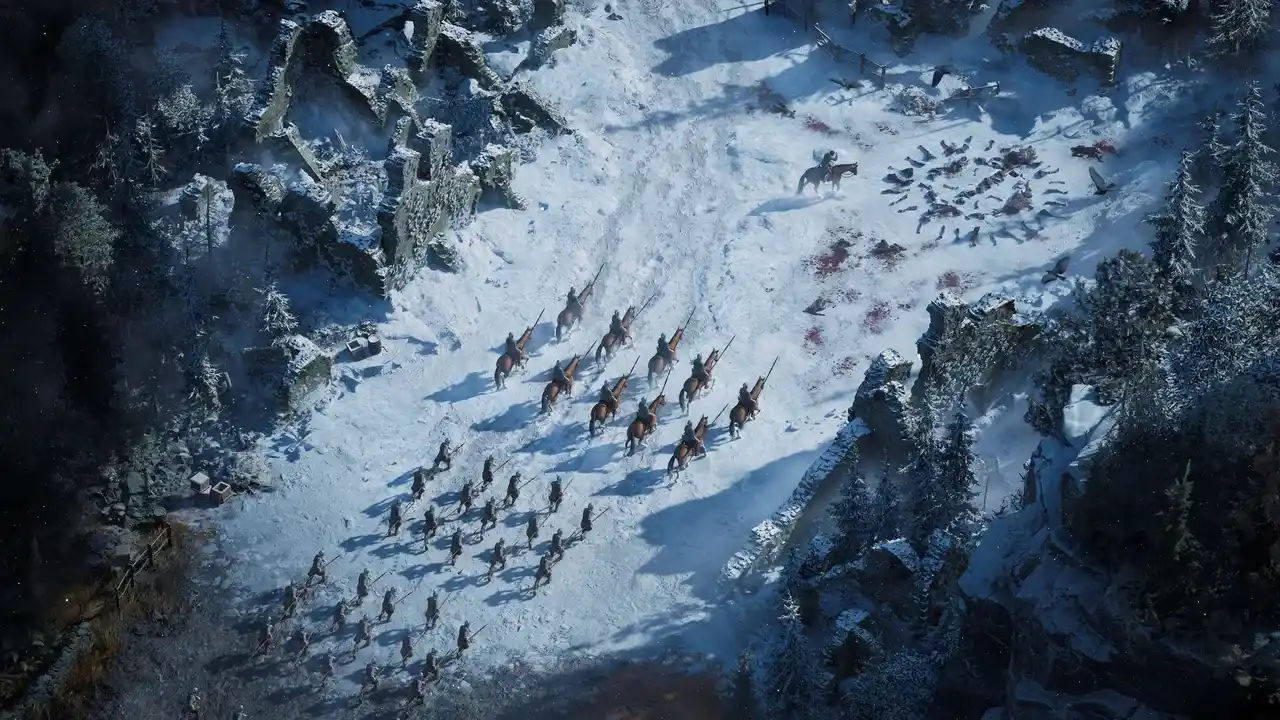 Cavalry and infantry advance through a snowy battlefield in Game of Thrones: War for Westeros.