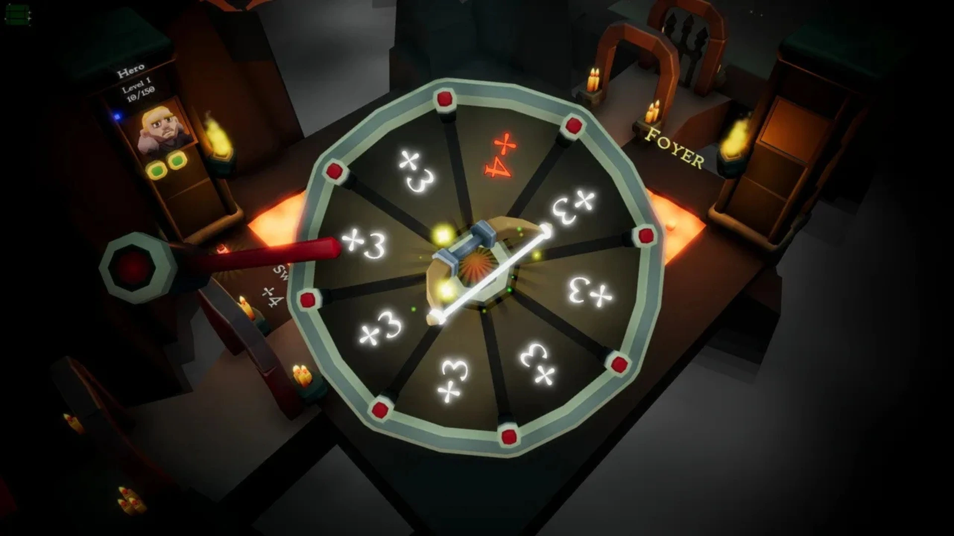 Dungeon board scene with a spinning prize wheel, candles and character stats
