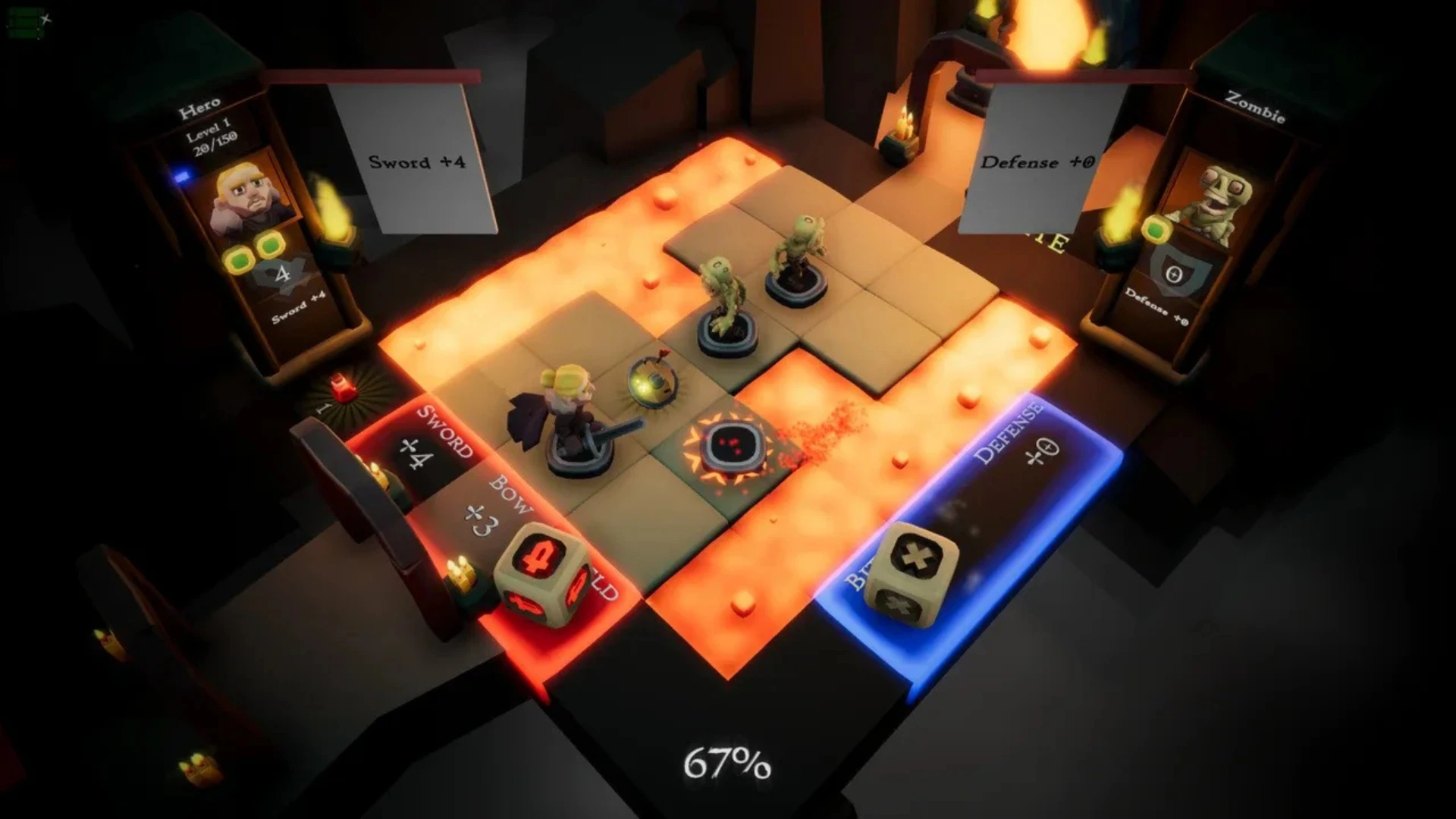 Dungeon board battle with a hero, zombies, dice and weapon cards