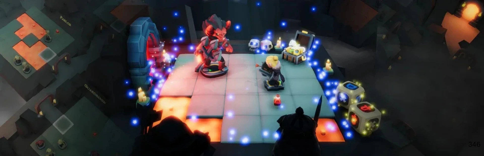 Small characters fighting on a glowing dungeon board with dice, candles and treasure