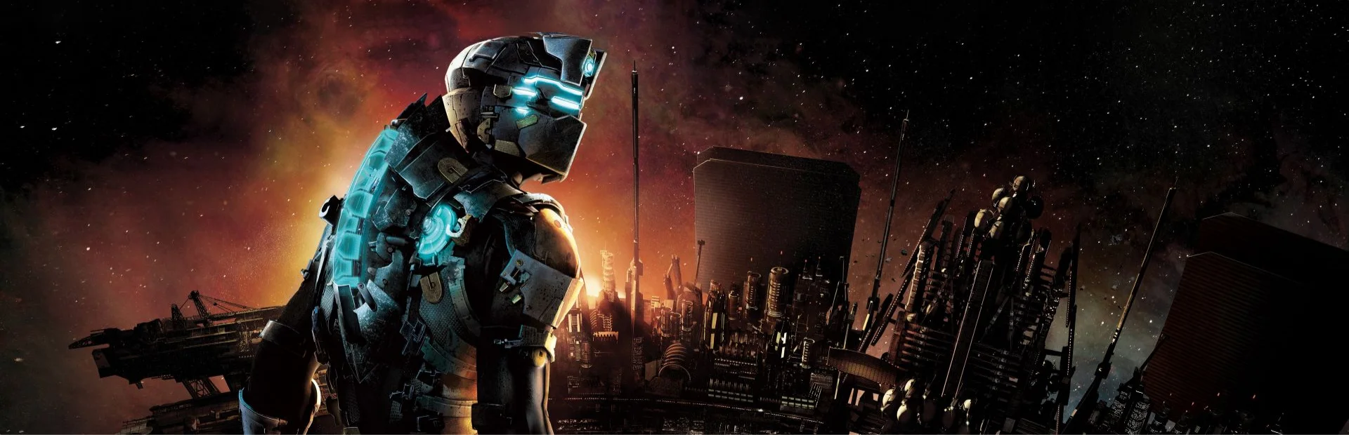Isaac Clarke stands before a dark space station city in Dead Space remake artwork.