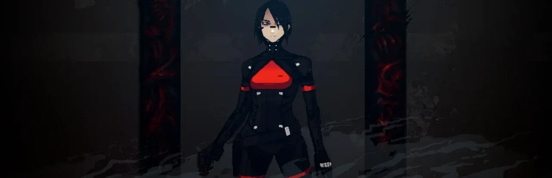 Elster stands in a dark corridor in Signalis artwork with red organic growth behind her.