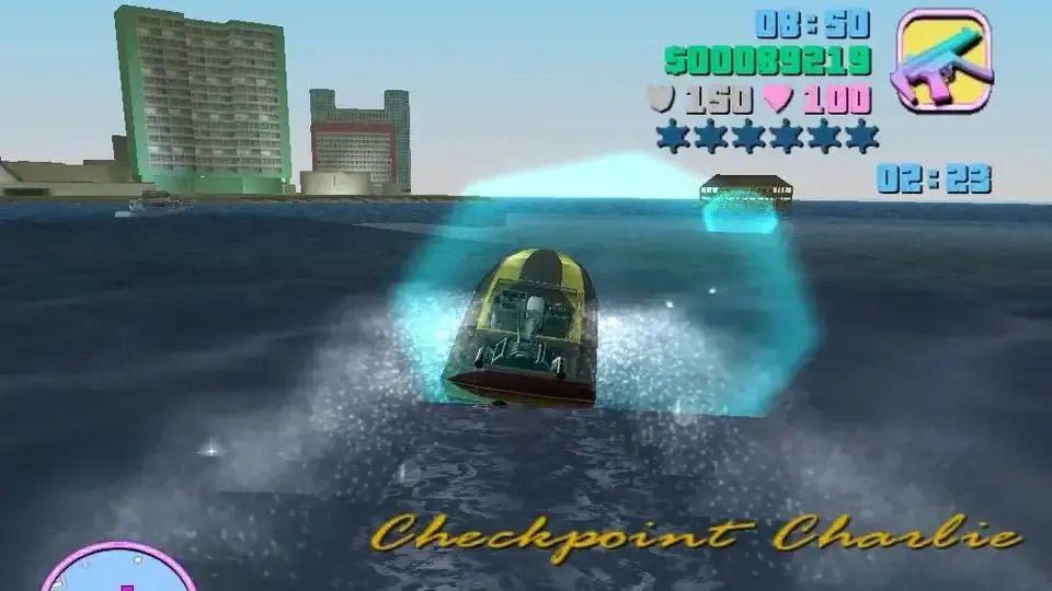 Speedboat racing toward a checkpoint during the Checkpoint Charlie mission in GTA Vice City