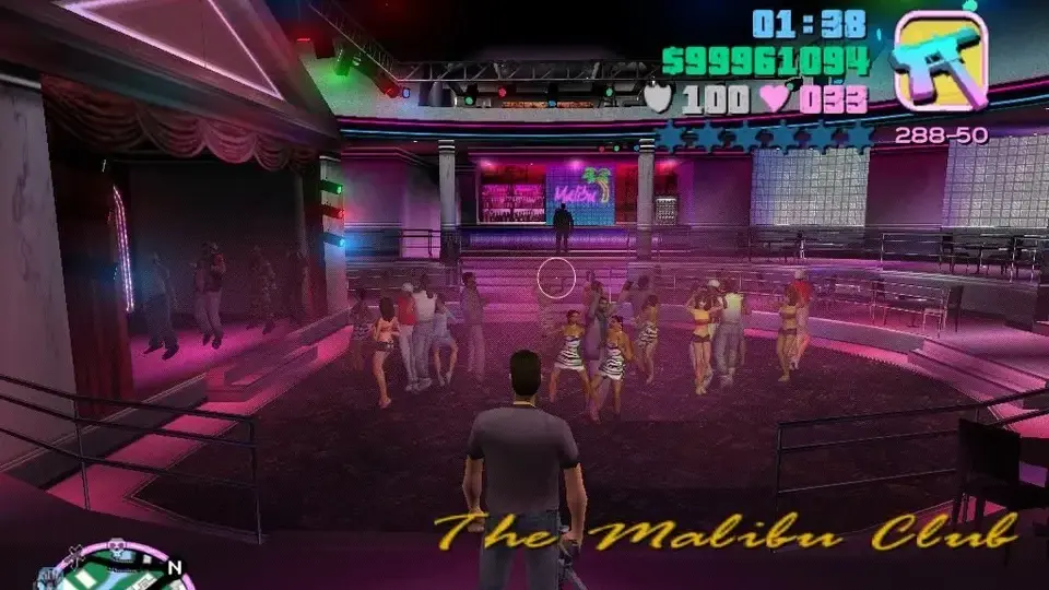 Tommy Vercetti entering the neon-lit Malibu Club in Grand Theft Auto: Vice City
