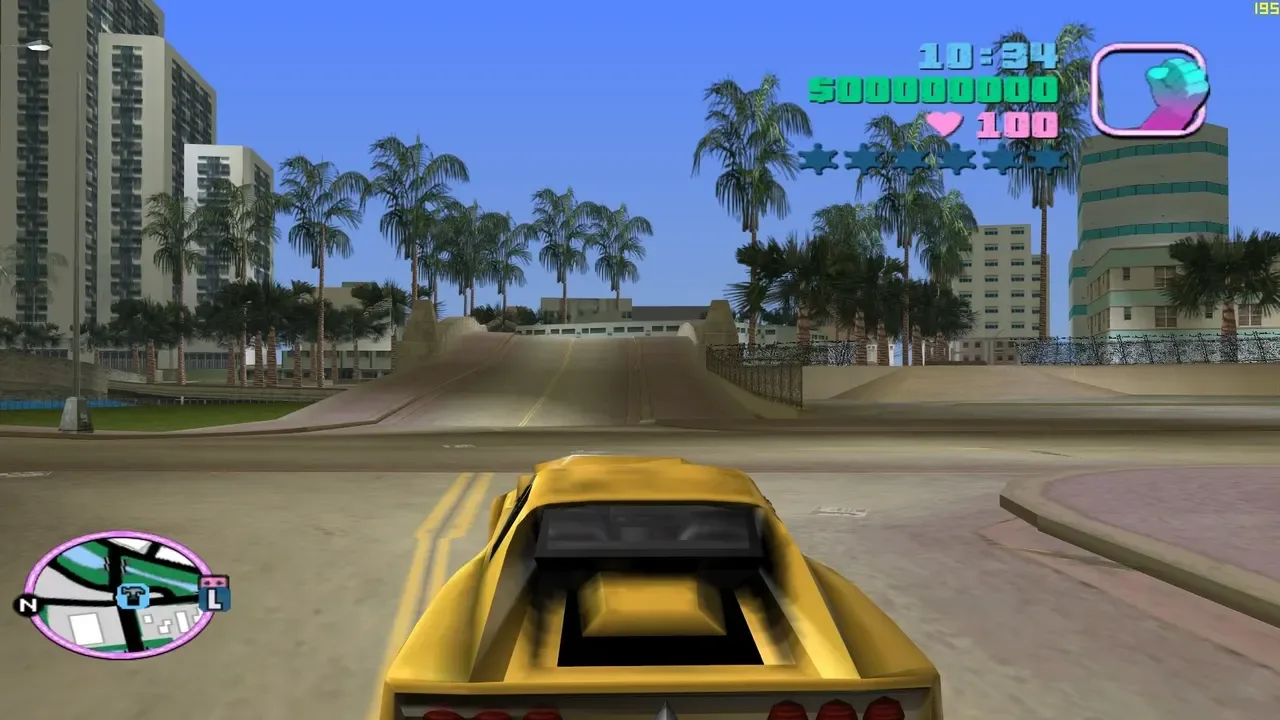 Yellow sports car driving through the palm-lined streets of Vice City