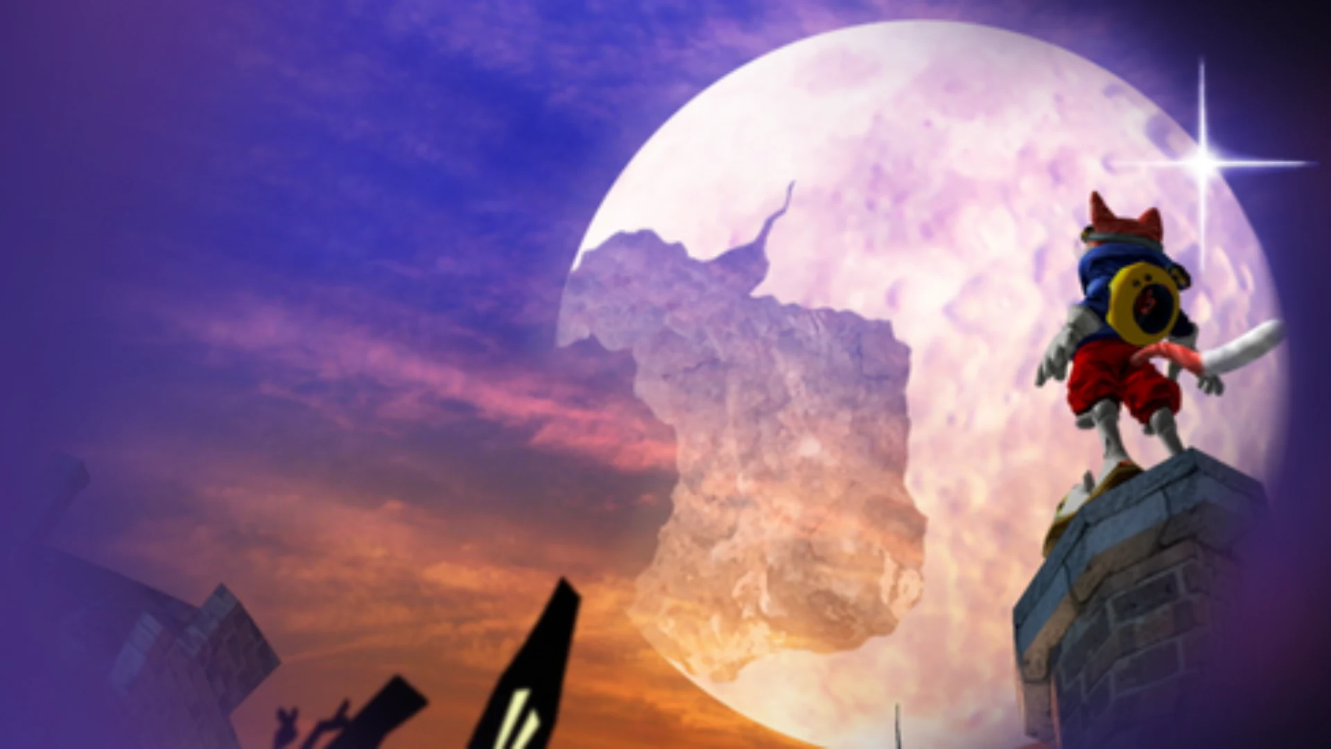 Cartoon cat character standing on a rooftop under a large moon in BLiNX