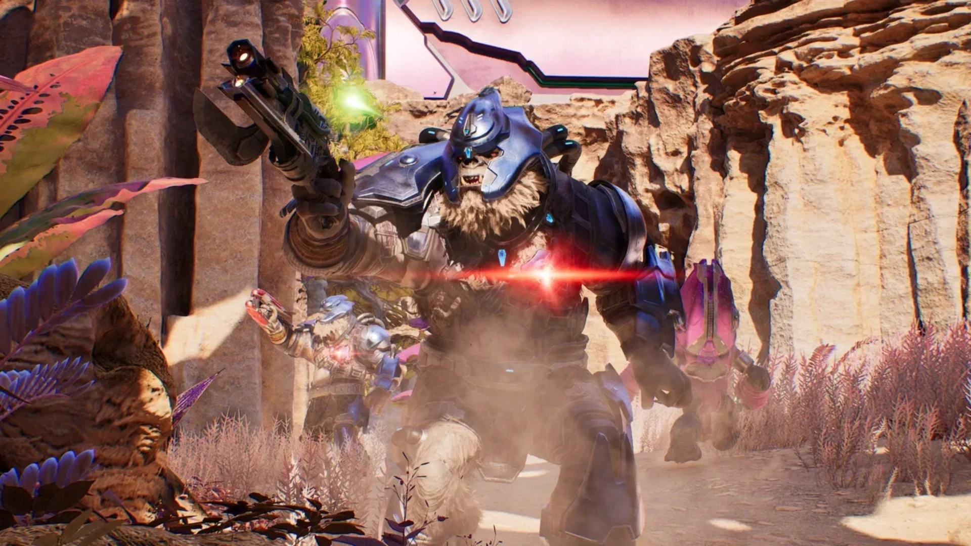 Armored Covenant soldiers moving through a rocky canyon in Halo: Campaign Evolved