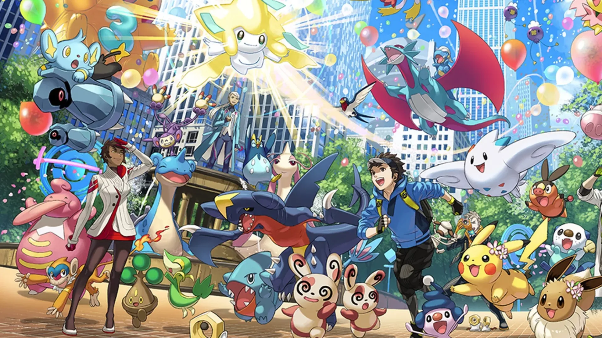 Pokemon characters and trainers gathered in a colorful city celebration scene
