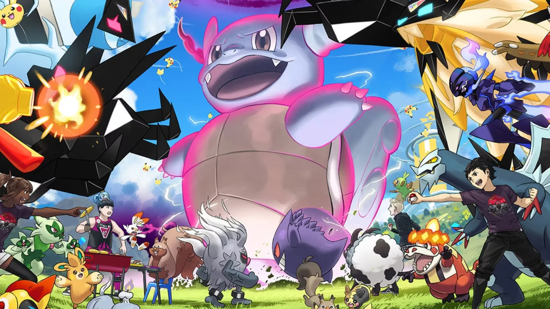 Gigantamax Blastoise surrounded by trainers and Pokemon in colorful battle artwork