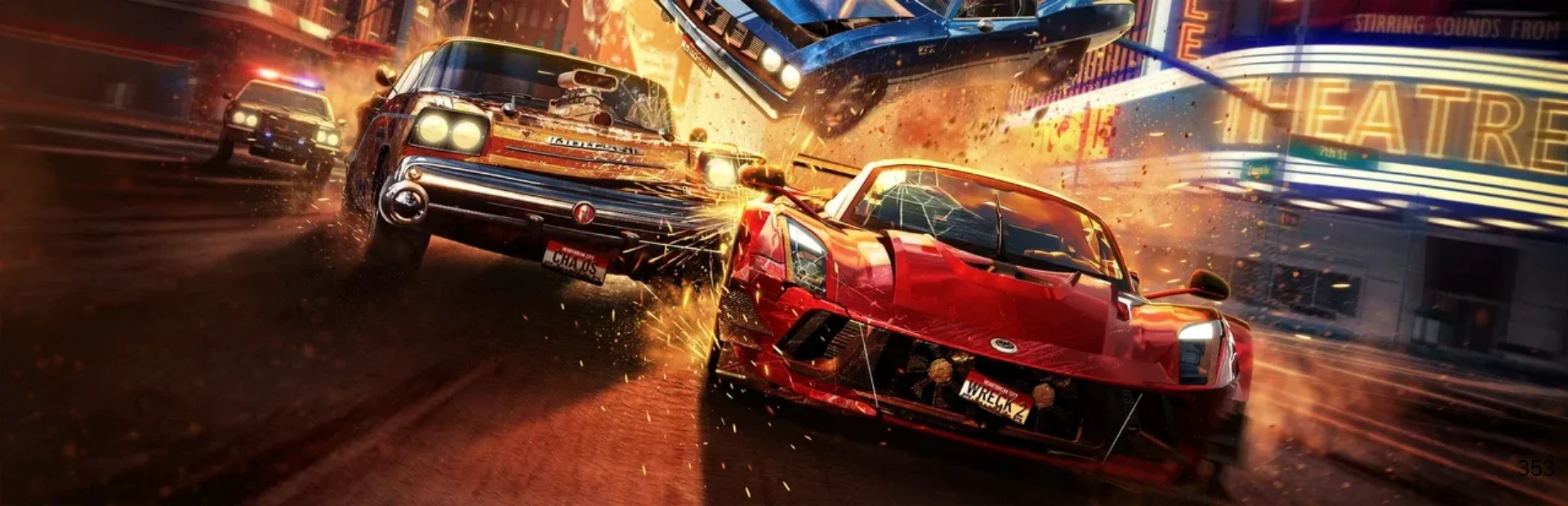 Cars crash through a city street in Wreckreation 2 artwork.