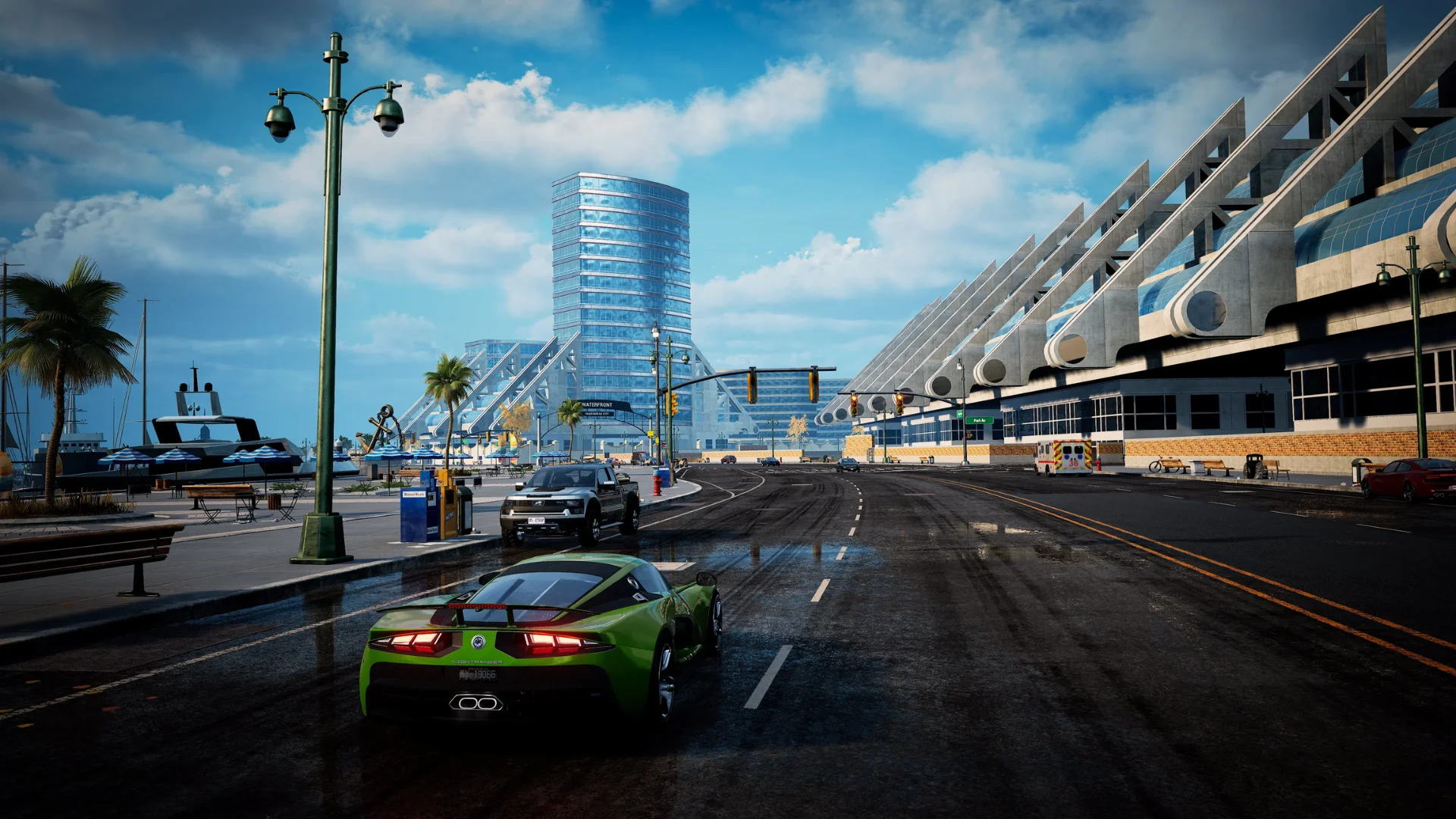 A green sports car drives through a sunny city road in Wreckreation 2.