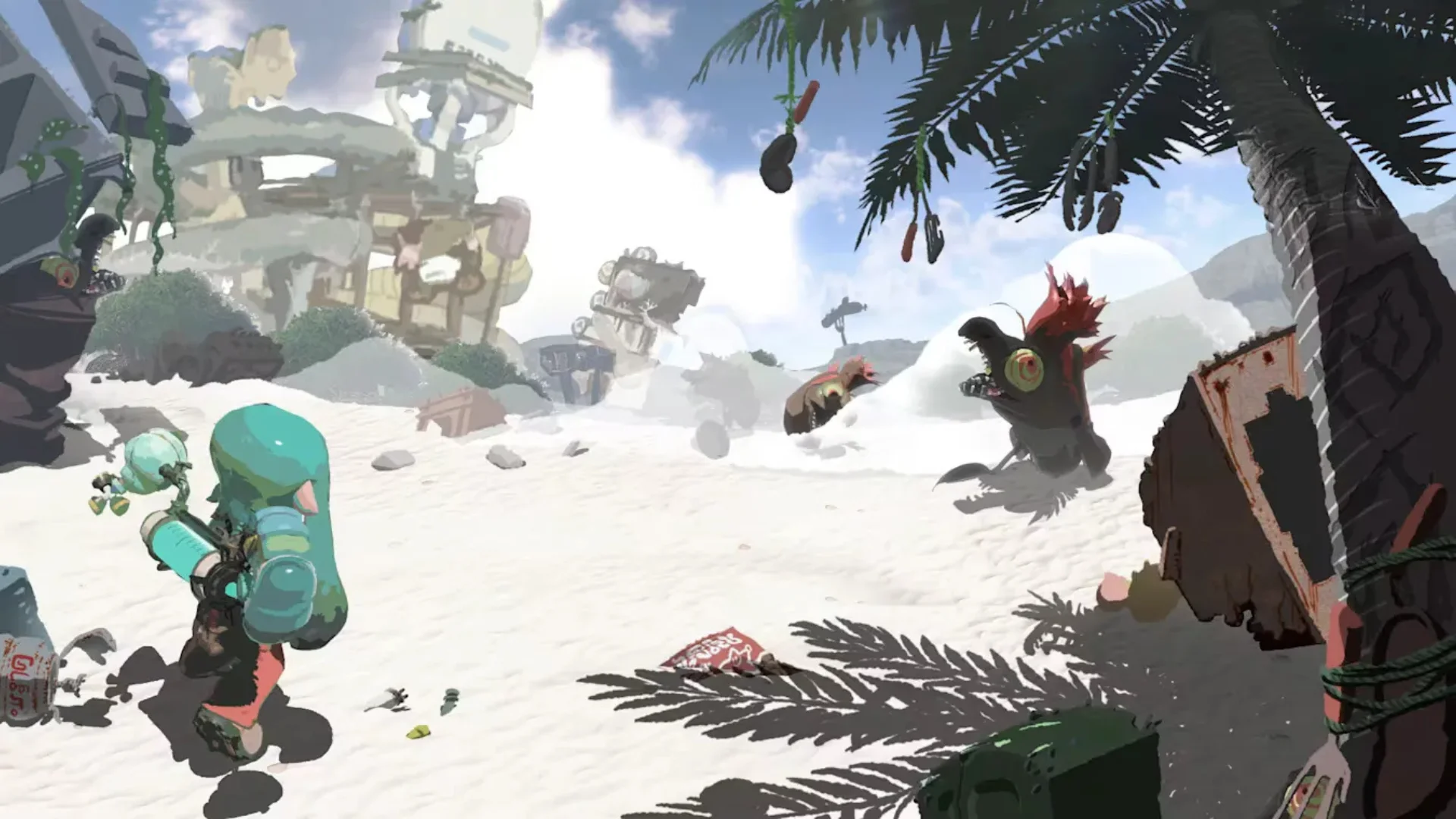 A Splatoon Raiders character aims ink across a sunny beach area during combat.