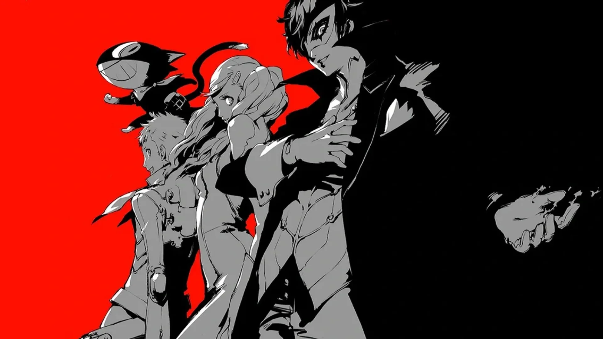 Joker and the Phantom Thieves stand against a bold red Persona 5 background.