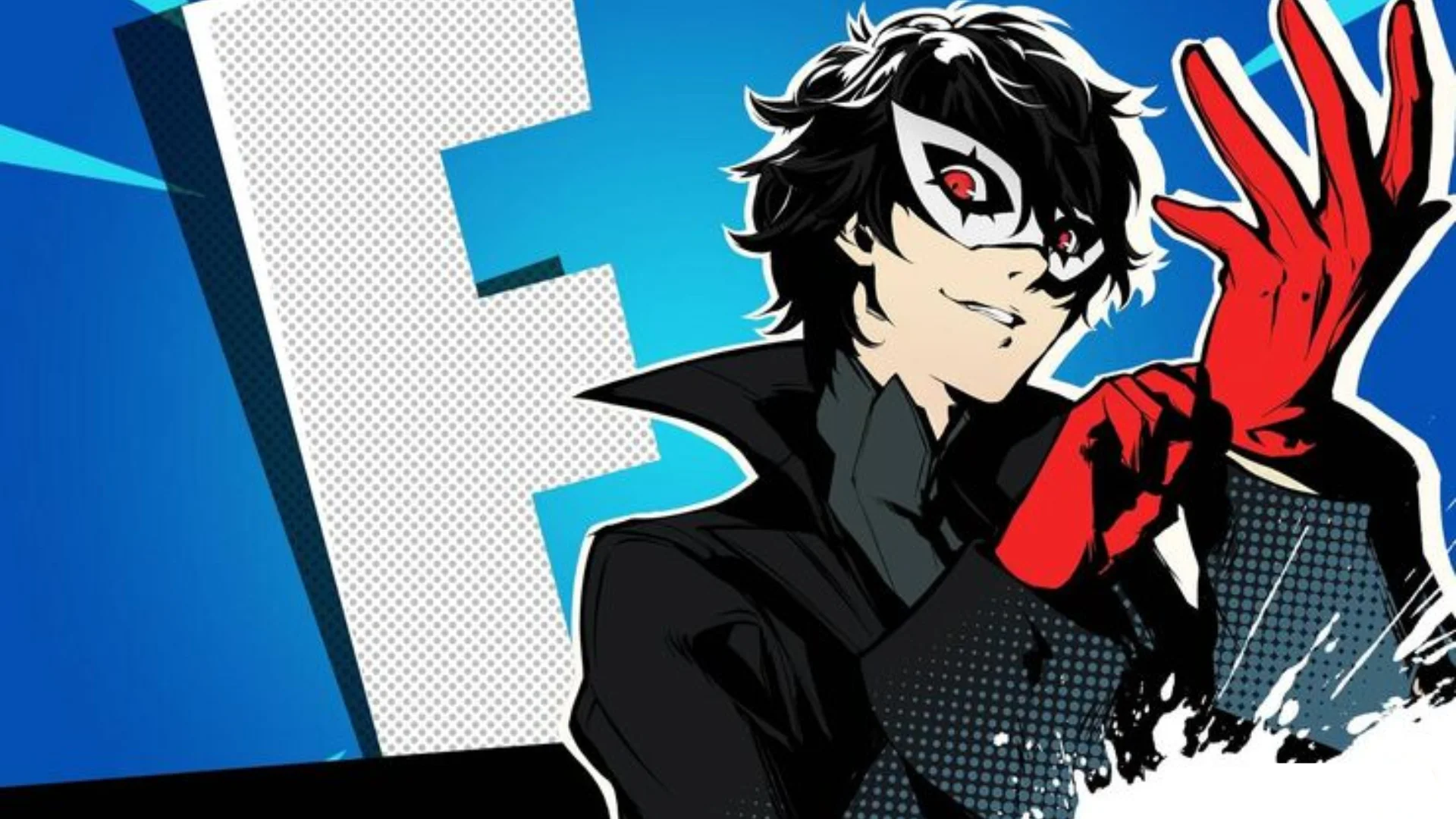 Joker holds his mask against a red Persona 5 background in stylized character art.