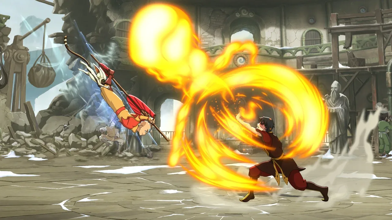 Zuko unleashes a powerful firebending attack against Aang in Avatar Legends: The Fighting Game.