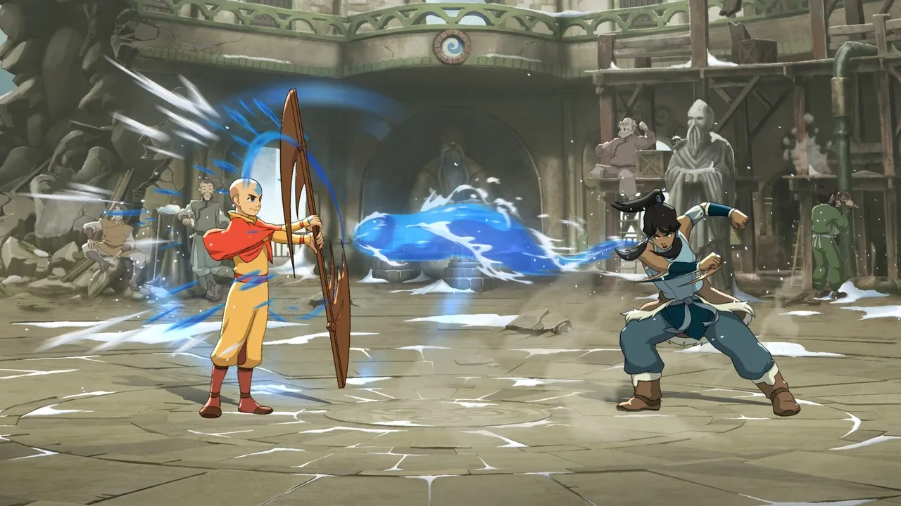 Aang and Korra face off as a water attack crosses the arena in Avatar Legends: The Fighting Game.