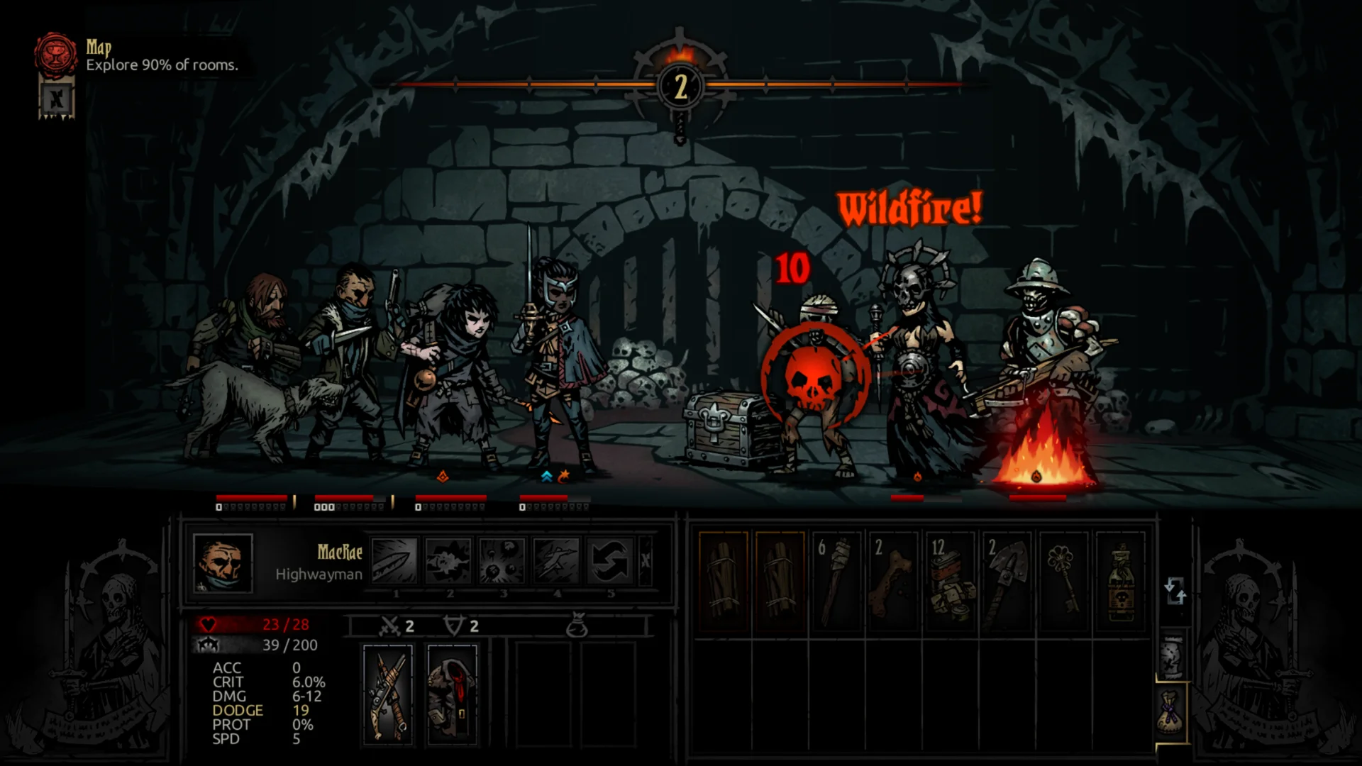 A Darkest Dungeon party fights three enemies as a Wildfire attack deals damage during a dungeon battle.