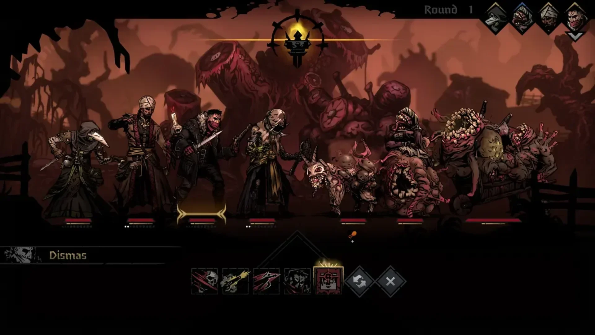 Four Darkest Dungeon heroes face grotesque monsters in a battle with skill icons and the turn order displayed.
