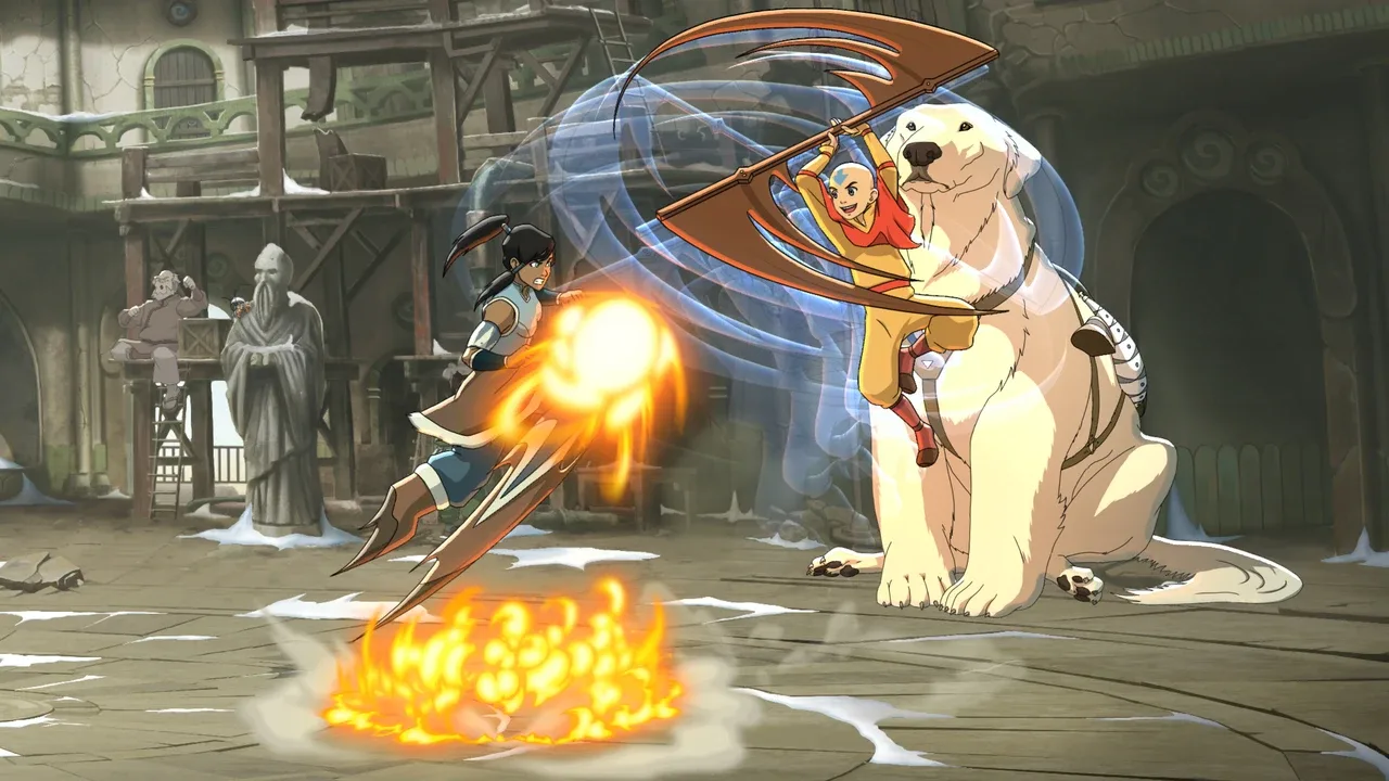 Korra launches a fire attack while Aang and Appa perform a support move in Avatar Legends: The Fighting Game.