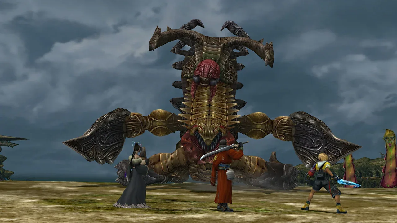 Tidus, Auron, and Lulu face a towering armored monster in Final Fantasy X HD Remaster.