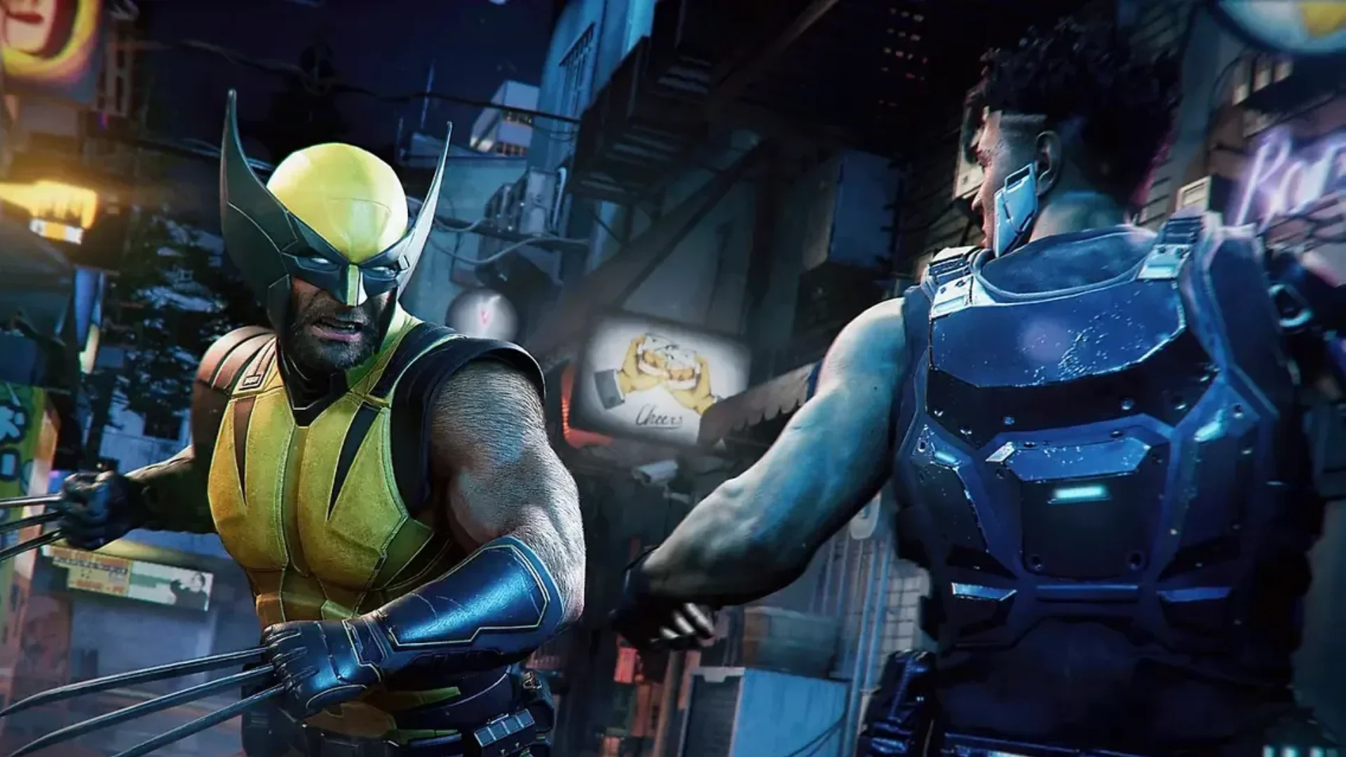Wolverine facing an armored enemy in a neon-lit combat scene