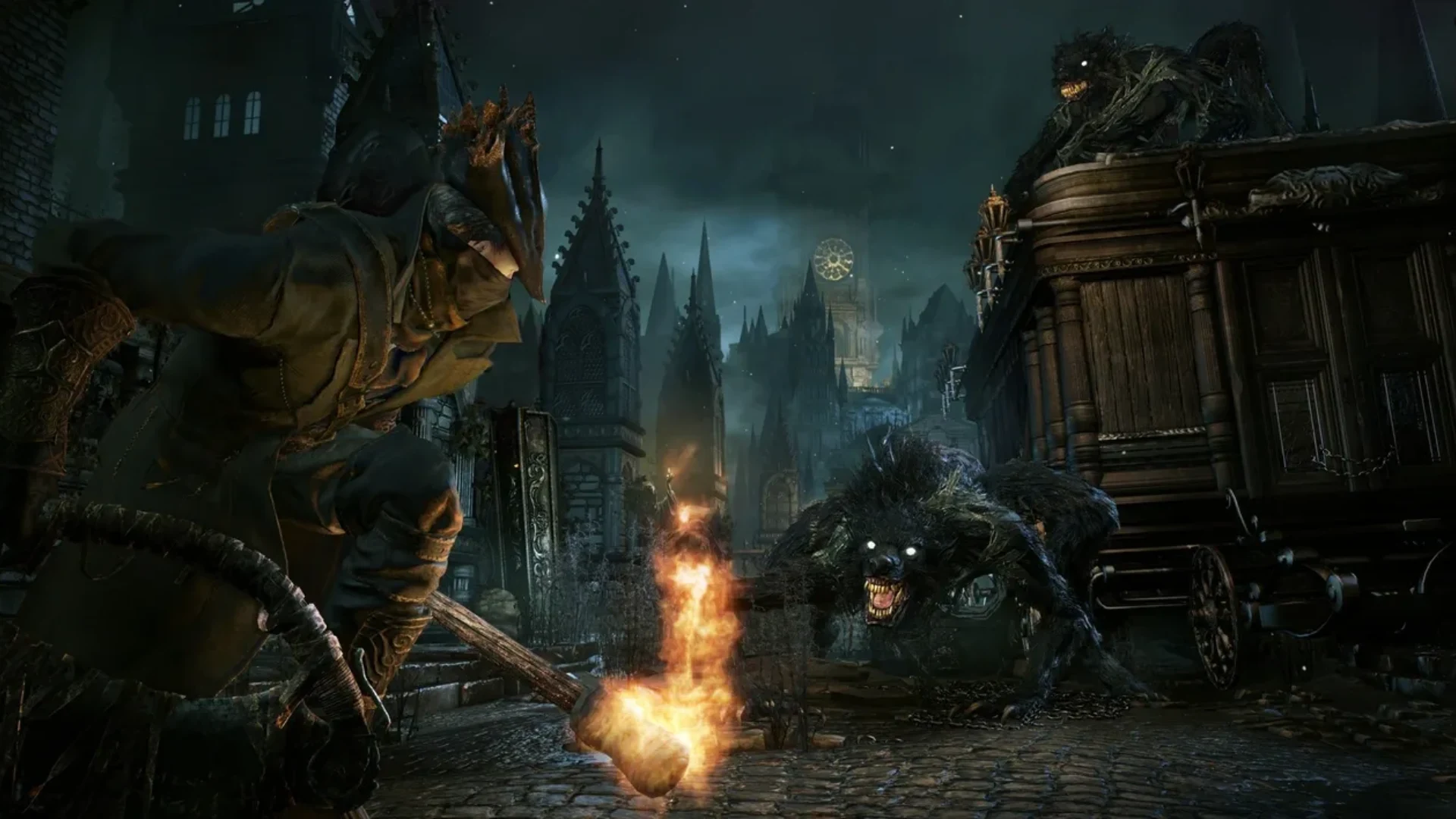 Bloodborne hunter facing beasts in a dark gothic city street